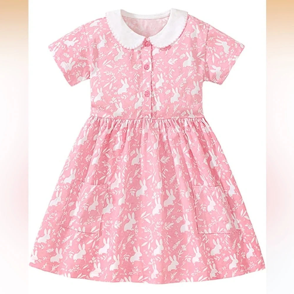 5/$25🌼 Toddler Girls’ Pink and White Bunny Dress with Peter Pan Collar size 4Y